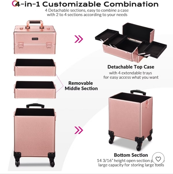 Elegant Rose Gold Makeup Train Case with Wheels - Picture 7 of 13